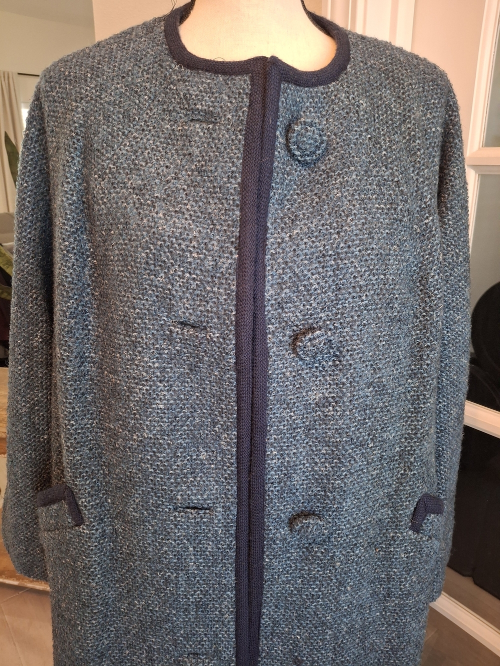 Vintage 1960s Women's Blue Textured Trench Coat with Matching Scarf - Picture 2 of 8